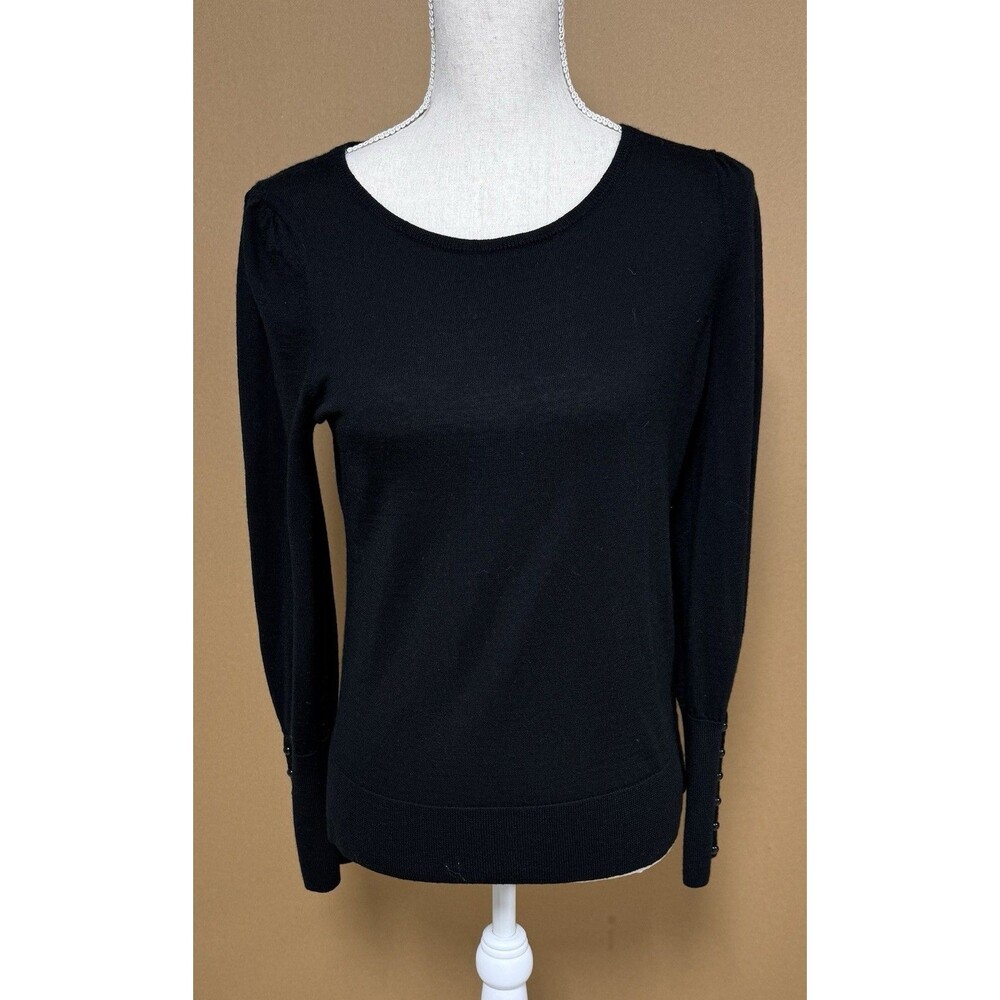 TALBOTS GATHERED SLEEVE BLACK MERINO SWEATER MEDIUM 6 BUTTON CUFFS